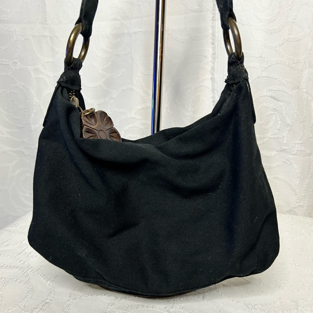 GAP black 100% Cotton mini bag with wooden charm and wooden details on straps.